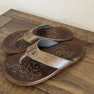 Olukai Mekila 10488 Flip Flops Brown Leather Thong Sandals Slip On Men's 7